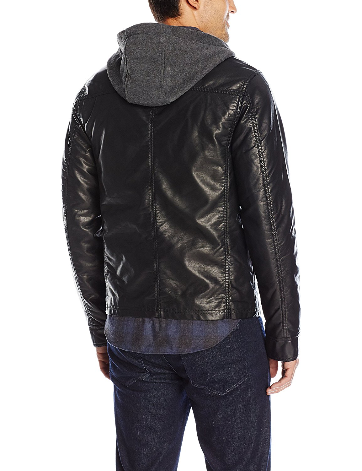 Men's Faux Leather Bomber Jacket with Fleece Hood